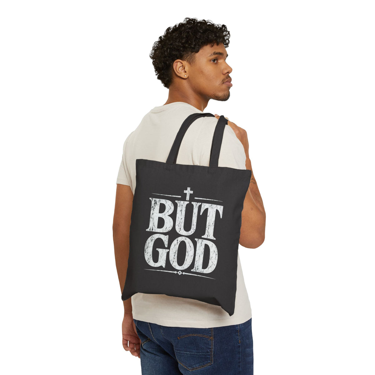 BUT GOD Tote Bag | Christian Scripture Cross Design