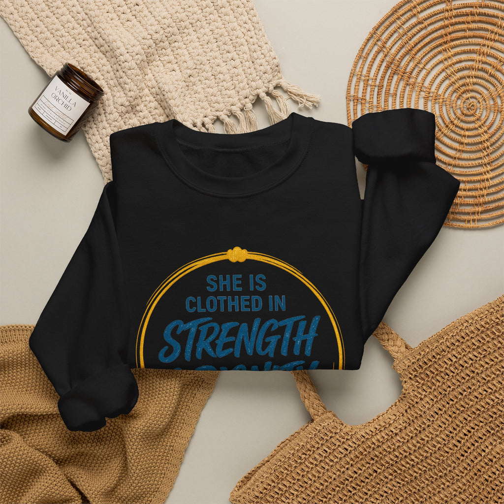 Strength & Dignity Sweatshirt — "She Is Clothed in Strength & Dignity" Inspirational Crewneck