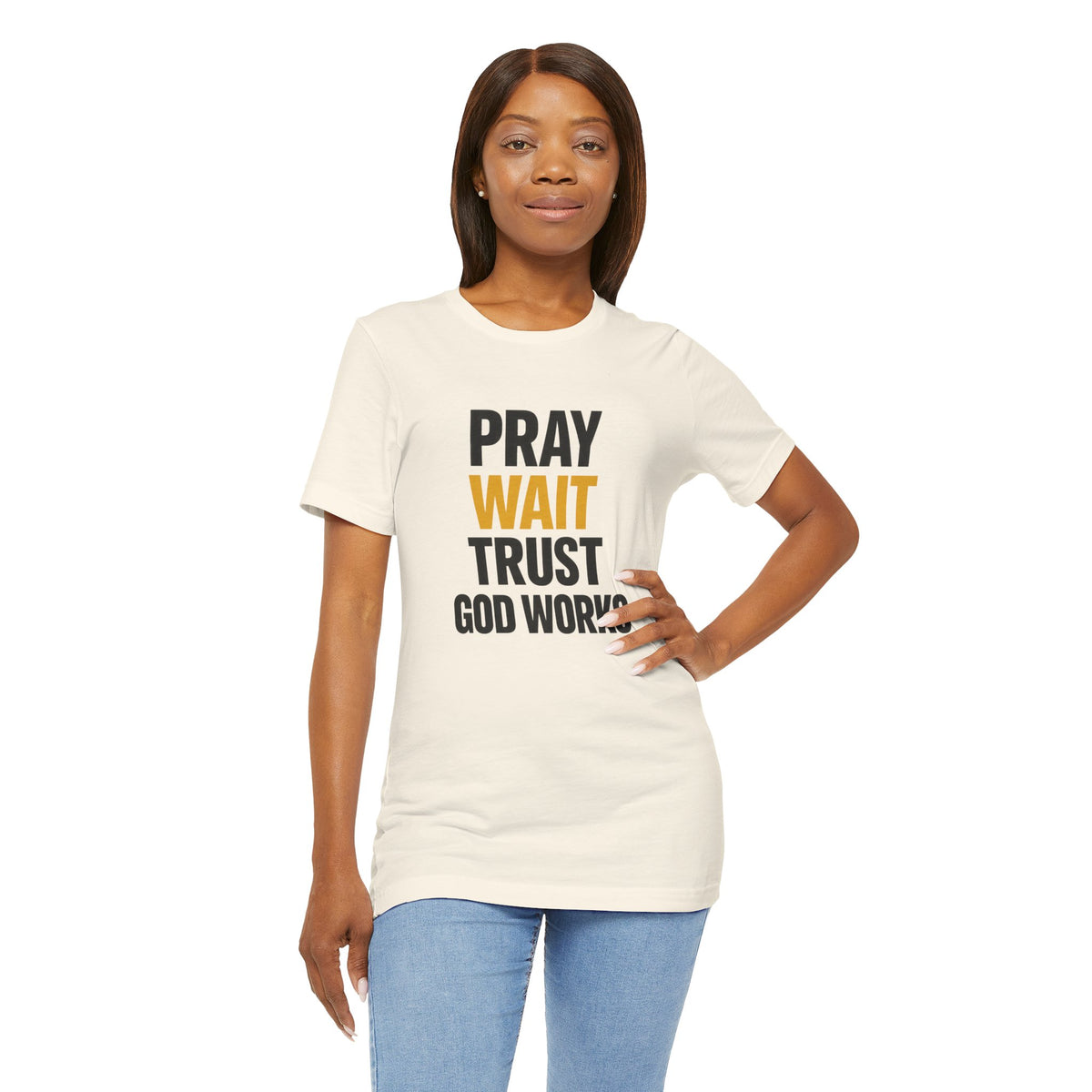 Pray Wait Trust God Works T-Shirt | Christian Faith Typography Tee