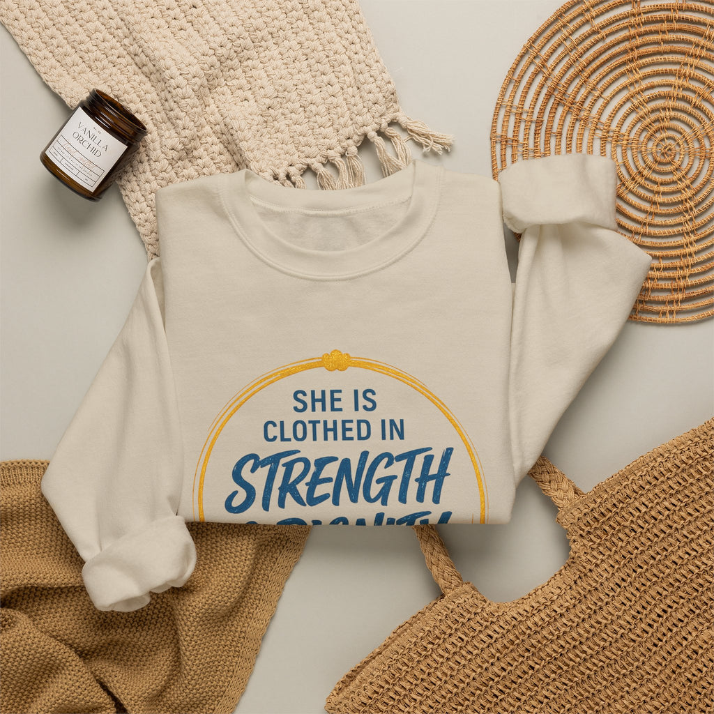 Strength & Dignity Sweatshirt — "She Is Clothed in Strength & Dignity" Inspirational Crewneck
