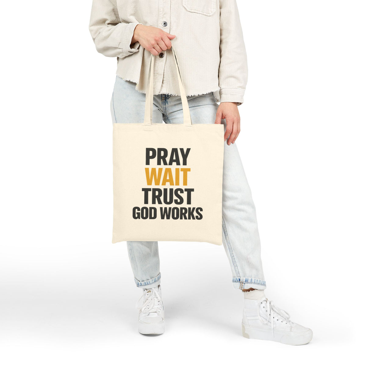 Pray Wait Trust God Works Tote Bag | Christian Scripture Canvas