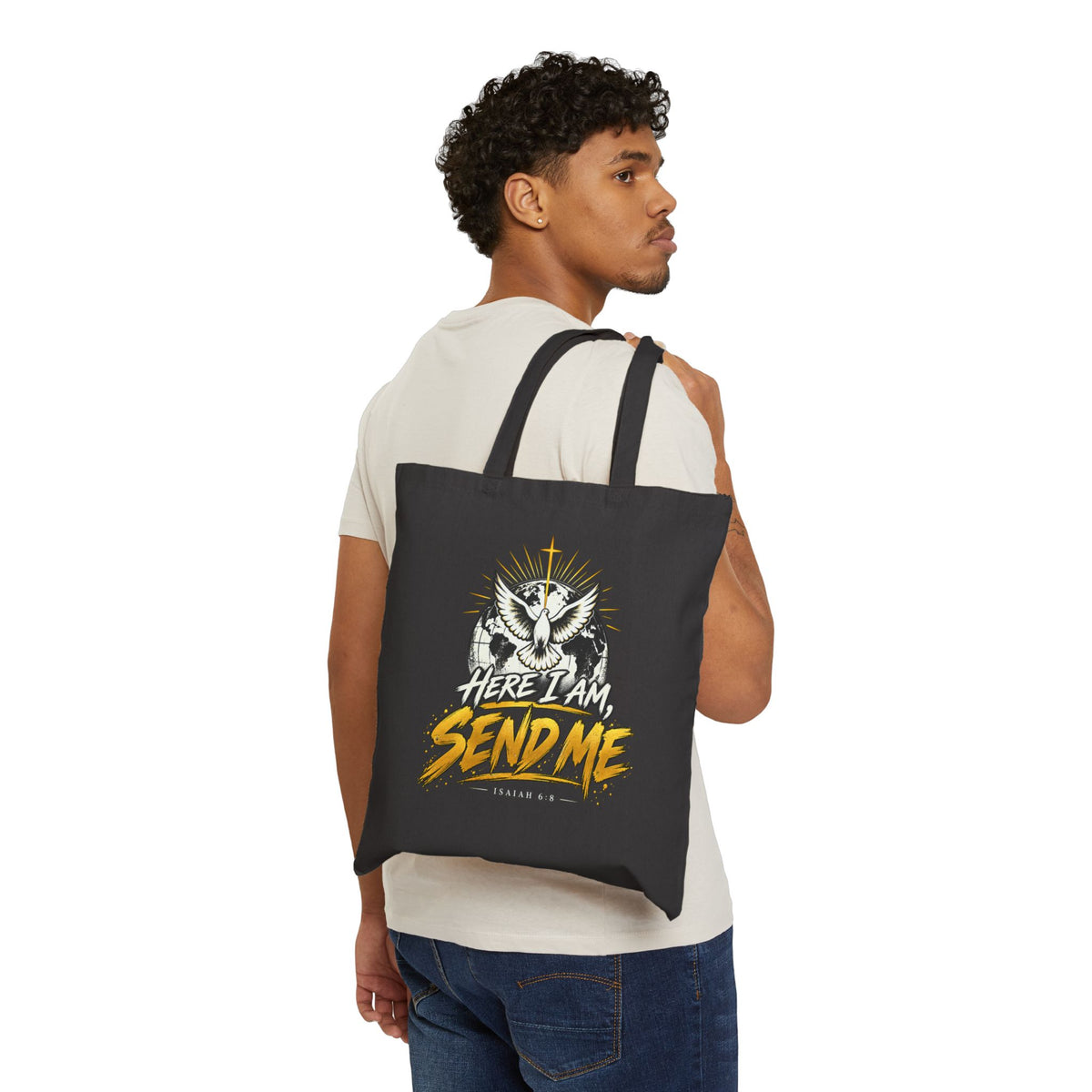 Here I Am Send Me Cotton Canvas Tote — Christian Dove Bible Verse Shoulder Bag