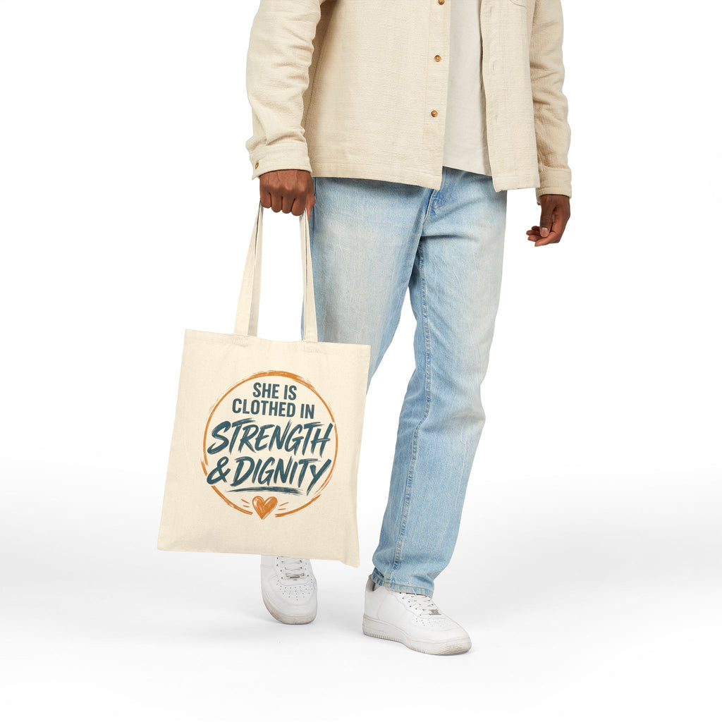 She Is Clothed in Strength & Dignity Tote Bag | Inspirational Scripture Canvas Tote