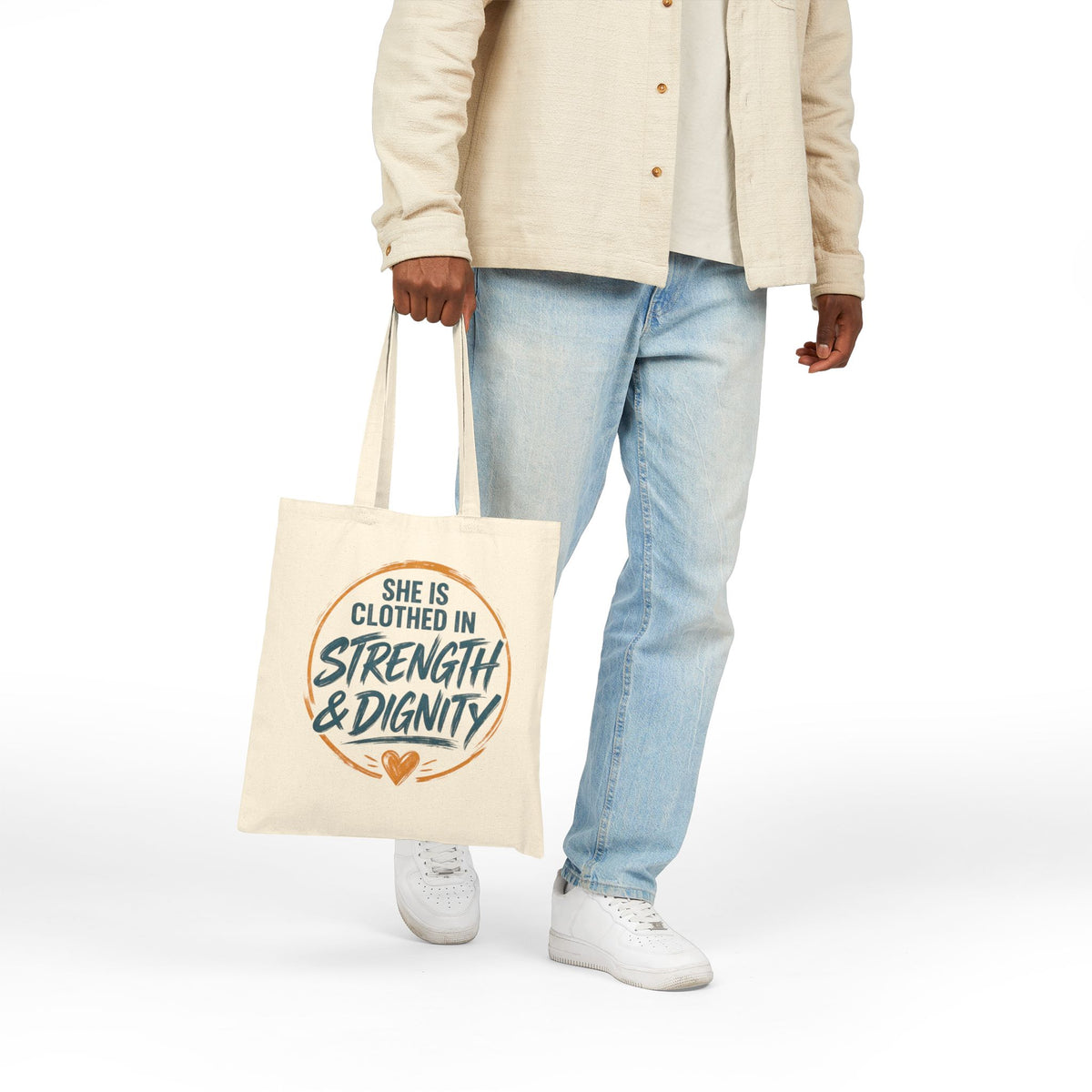 She Is Clothed in Strength & Dignity Tote Bag | Inspirational Scripture Canvas Tote