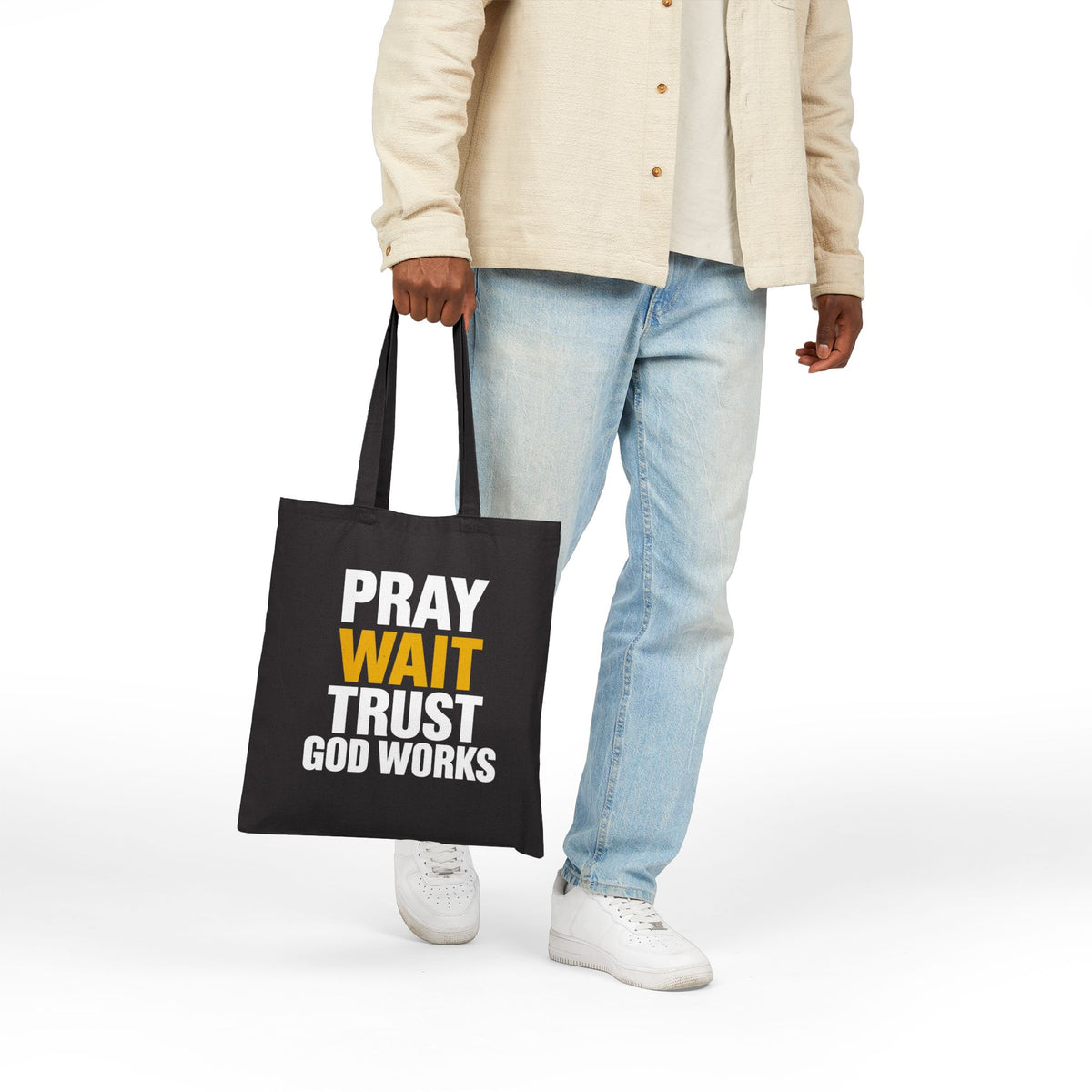 Pray Wait Trust God Works Tote Bag | Christian Scripture Canvas