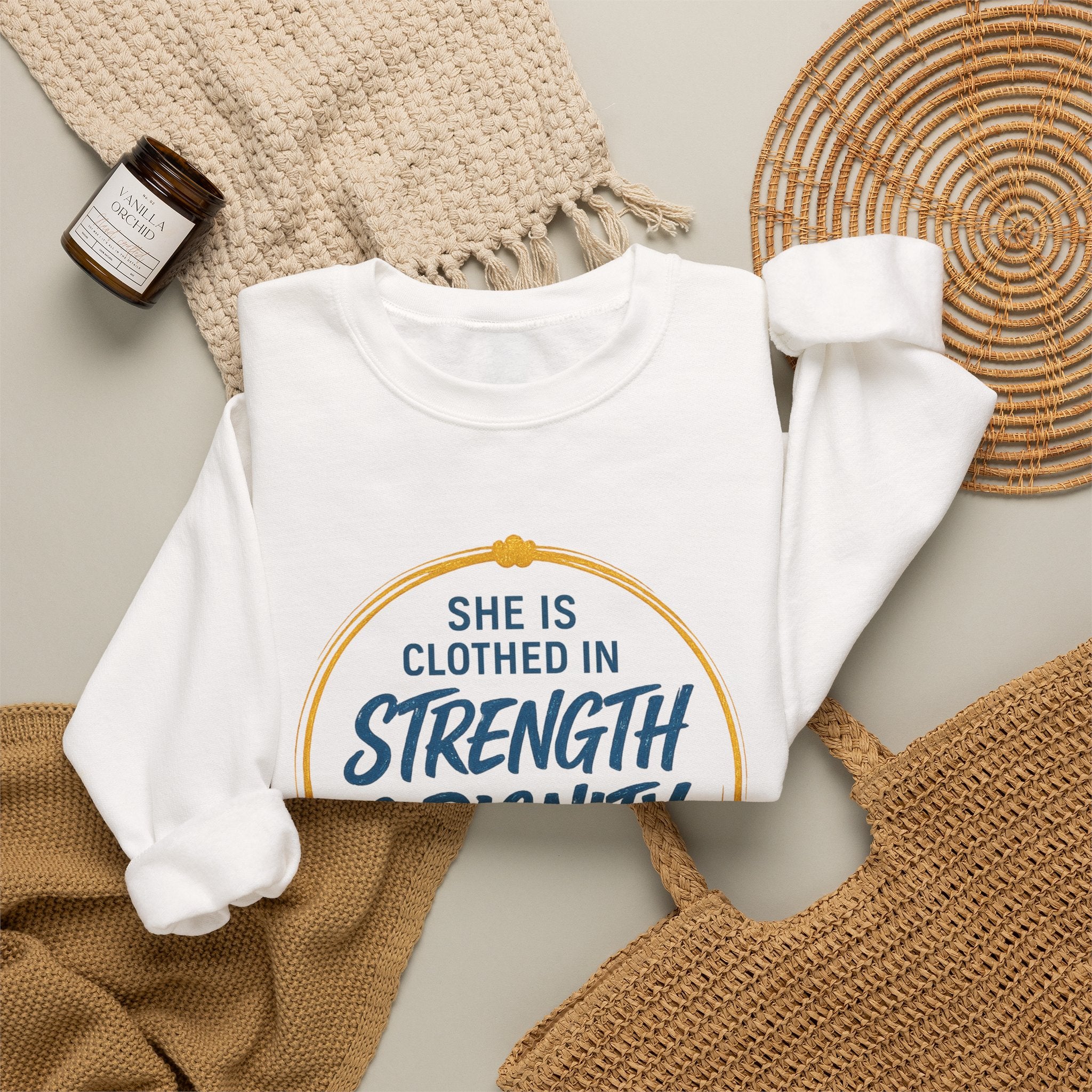 Strength & Dignity Sweatshirt — "She Is Clothed in Strength & Dignity" Inspirational Crewneck