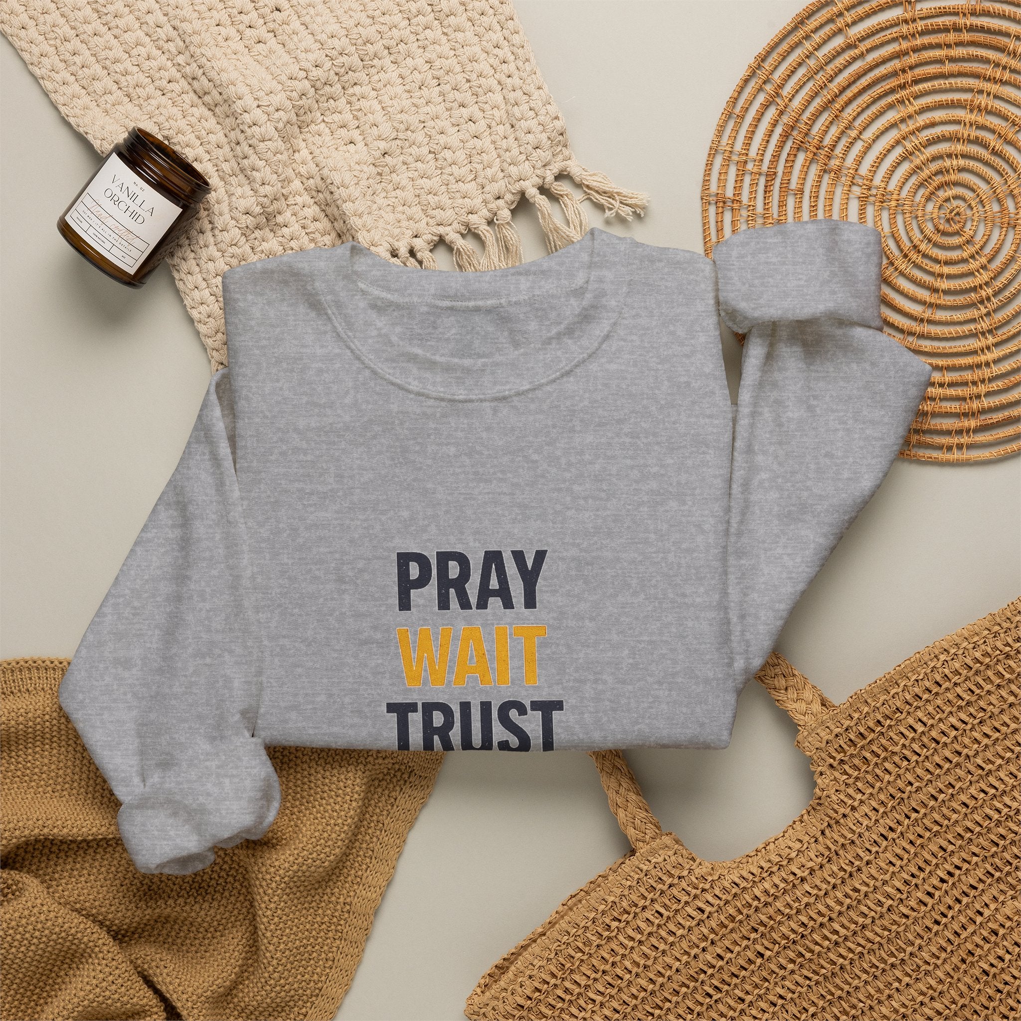 Pray Wait Trust Crewneck Sweatshirt — Faith-Based Inspirational Pullover