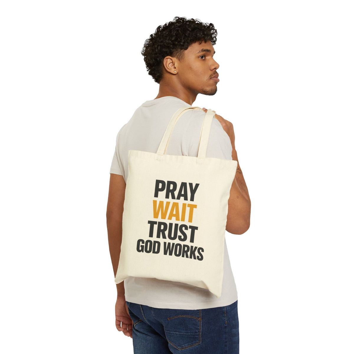 Pray Wait Trust God Works Tote Bag | Christian Scripture Canvas