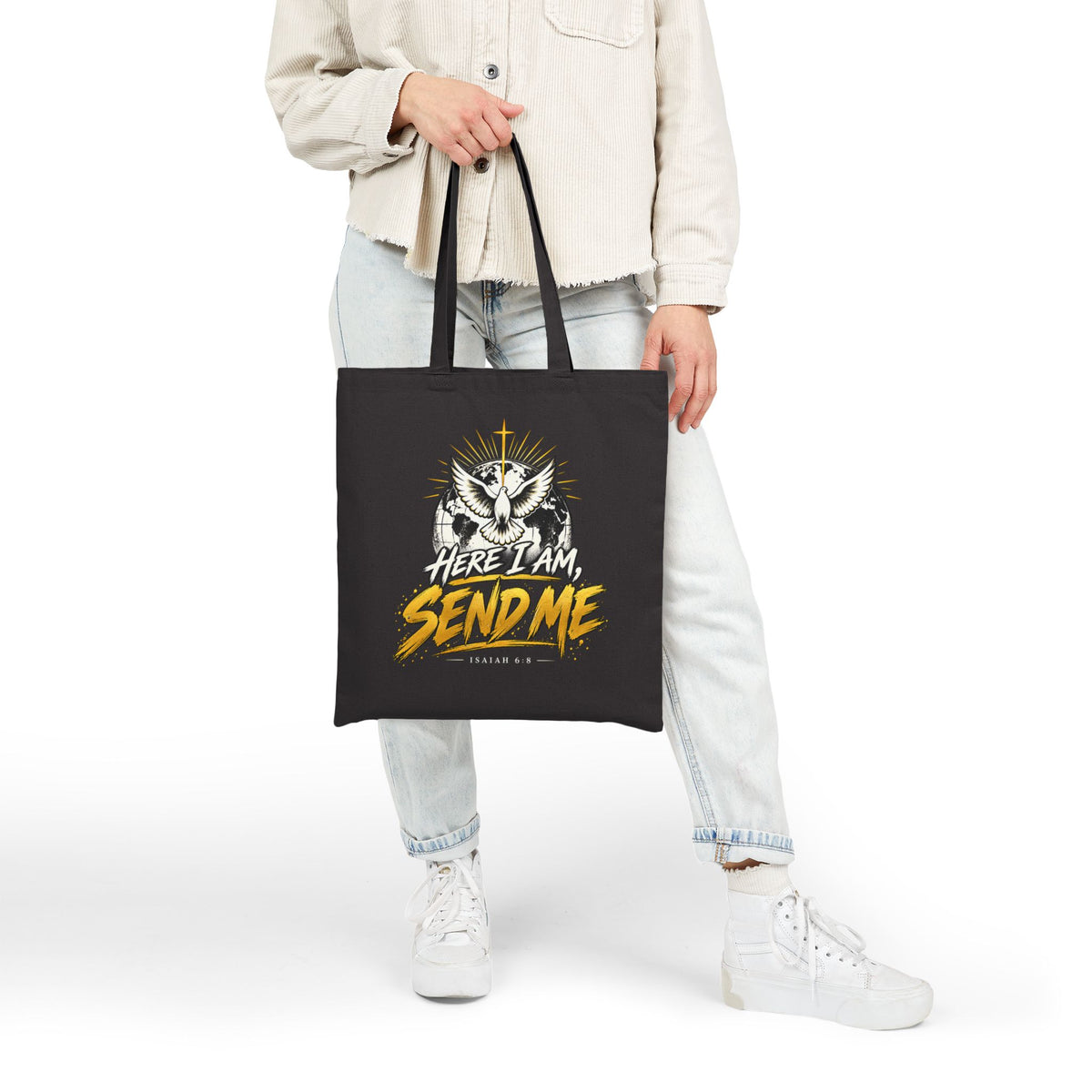 Here I Am Send Me Cotton Canvas Tote — Christian Dove Bible Verse Shoulder Bag