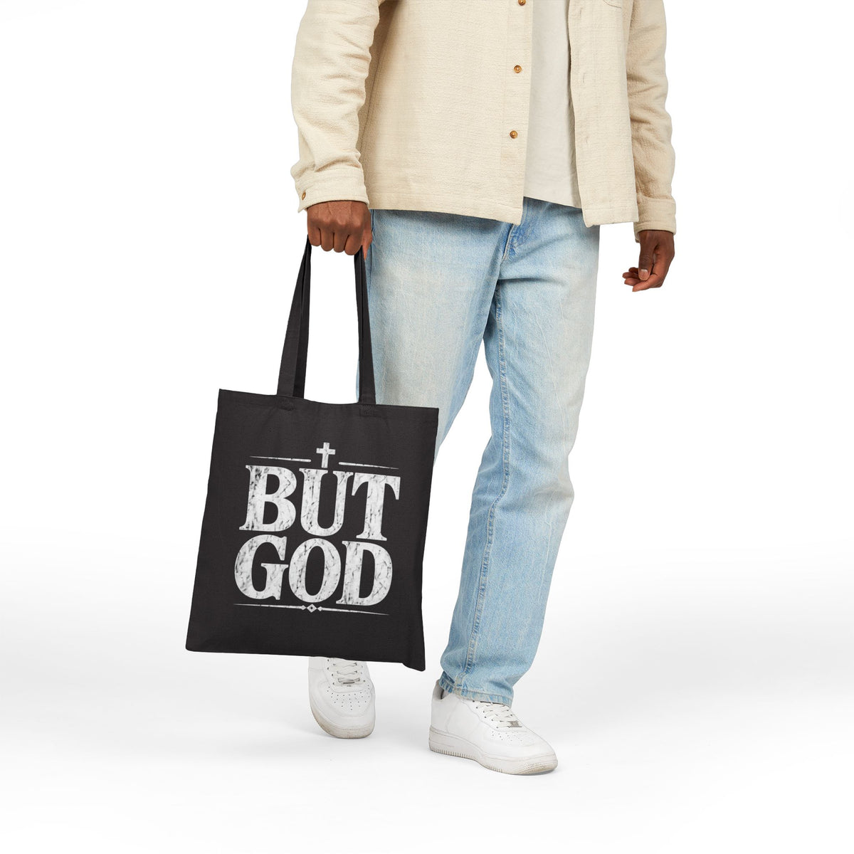BUT GOD Tote Bag | Christian Scripture Cross Design