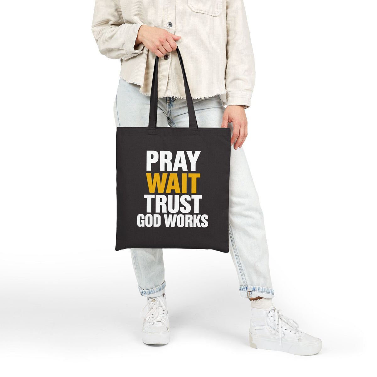 Pray Wait Trust God Works Tote Bag | Christian Scripture Canvas