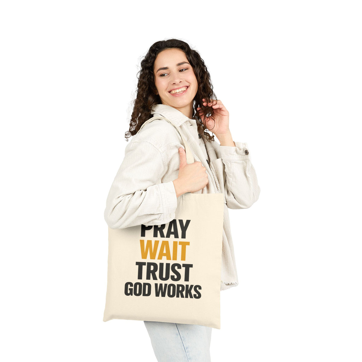 Pray Wait Trust God Works Tote Bag | Christian Scripture Canvas