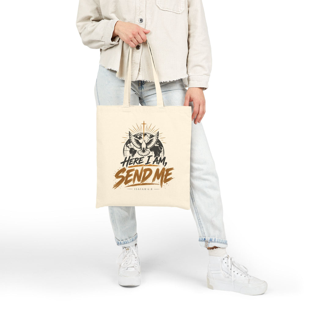 Here I Am Send Me Cotton Canvas Tote — Christian Dove Bible Verse Shoulder Bag