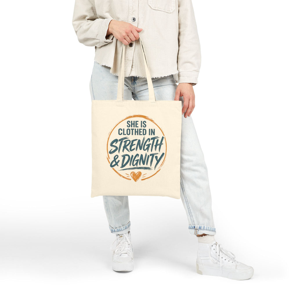 She Is Clothed in Strength & Dignity Tote Bag | Inspirational Scripture Canvas Tote