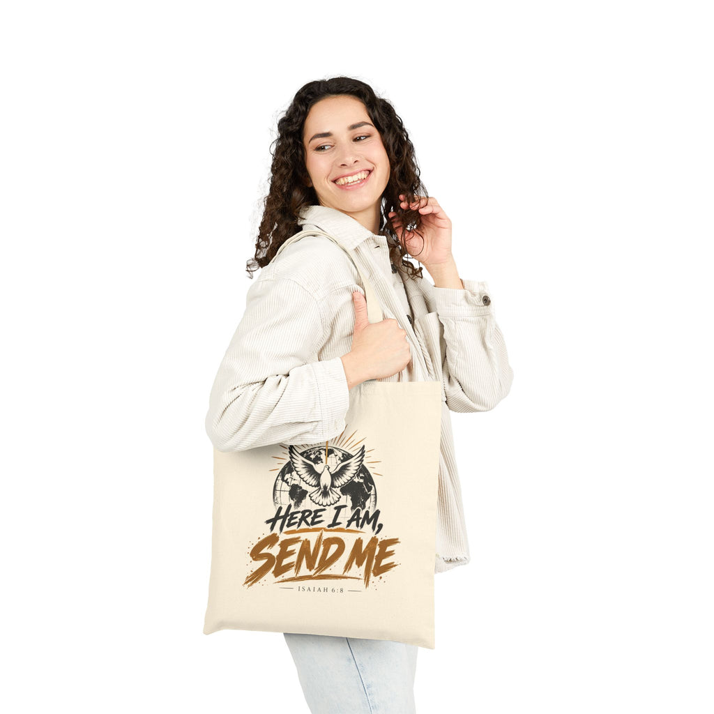 Here I Am Send Me Cotton Canvas Tote — Christian Dove Bible Verse Shoulder Bag